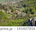 Idyllic countryside with picturesque views. Peaceful village nestled amidst fertile forest and hills 143407856