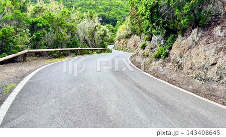 A Scenic Curved Road that is Beautifully Surrounded by Lush and Vibrant Greenery A Scenic Curved Road that is Beautifully Surrounded by Lush and Vibrant Greenery 143408645