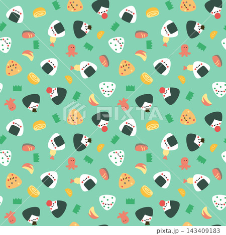 かわいい顔付きおにぎりとおかずのシームレスパターン_緑 かわいい顔付きおにぎりとおかずのシームレスパターン_緑 143409183