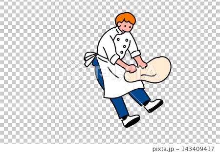 Flat vector illustration of a male baker (chef) kneading bread dough. Flat vector illustration of a male baker (chef) kneading bread dough. 143409417