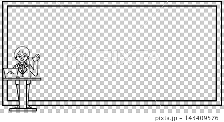 Message frame for a businesswoman working on a computer in front of a whiteboard, giving introductions and information (black and white, coloring page) Message frame for a businesswoman working on a computer in front of a whiteboard, giving introductions and information (black and white, coloring page) 143409576