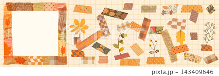 Square vector frame in warm autumn colors with washi tape pieces and fall leaves, Cute set for Thanksgiving and Harvest journaling and scrapbooking 143409646