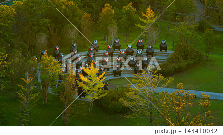 Yatsushiro, Kumamoto Pref, Japan - Oct 9 2024, A panoramic aerial view of the Kumamon Choir sculpture in the park at Yatsushiro Port, at daytime, Yatsushiro, Japan 143410032