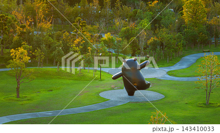 Yatsushiro, Kumamoto Pref, Japan - Oct 9 2024, panoramic aerial view of giant Kumamon bear sculpture, mascot of Kumamoto Prefecture, located in a park in Yatsushiro Port, at daytime, Yatsushiro, Japan Yatsushiro, Kumamoto Pref, Japan - Oct 9 2024, panoramic aerial view of giant Kumamon bear sculpture, mascot of Kumamoto Prefecture, located in a park in Yatsushiro Port, at daytime, Yatsushiro, Japan 143410033