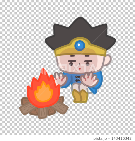 A hero with an expressionless face sitting by a campfire A hero with an expressionless face sitting by a campfire 143410342