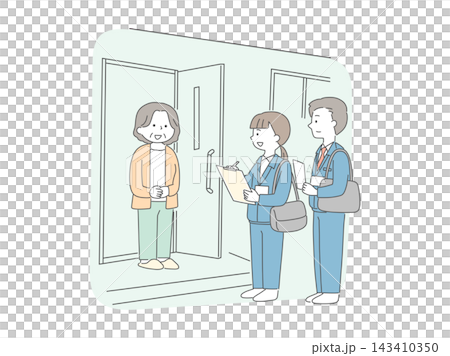 災害に備えて高齢者宅を訪問し安否確認をするスタッフのイラスト 災害に備えて高齢者宅を訪問し安否確認をするスタッフのイラスト 143410350