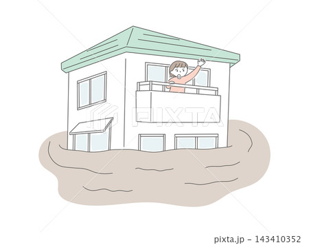 水害で浸水した自宅の2階から助けを求める女性のイラスト 143410352