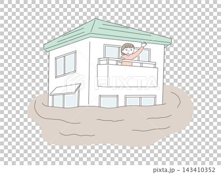 水害で浸水した自宅の2階から助けを求める女性のイラスト 143410352