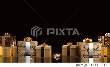 Elegant Gold Gift Boxes with Metallic Bows and Reflections 3d render. Elegant Gold Gift Boxes with Metallic Bows and Reflections 3d render. 143411216