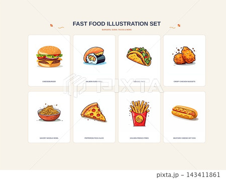 Burger Sushi Taco and Fast Food Illustration Set Burger Sushi Taco and Fast Food Illustration Set 143411861