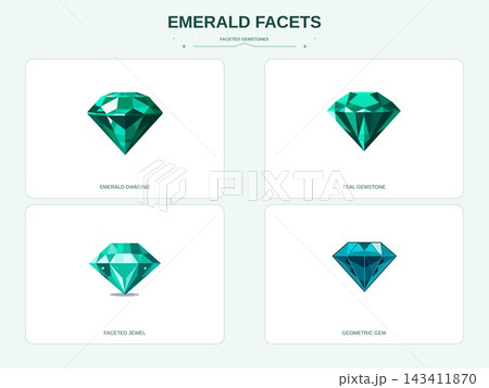Four Emerald Green Faceted Gemstone Illustrations 143411870