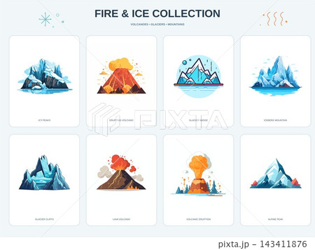 Icy Mountains and Erupting Volcanoes Illustration Collection 143411876