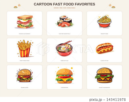 Cartoon Burgers Sushi Sandwich Fries and Noodles Collection Cartoon Burgers Sushi Sandwich Fries and Noodles Collection 143411978