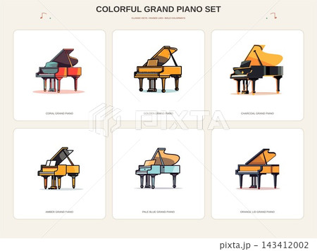 Six Colorful Grand Pianos with Raised Lids Illustration Set 143412002