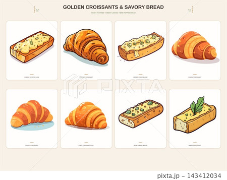Golden Croissants and Savory Herb Bread Illustration Collection 143412034