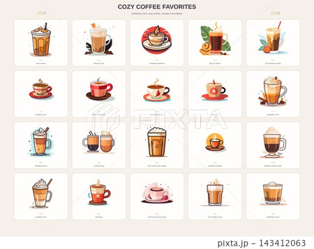 Twenty Cozy Coffee Favorites and Colorful Cafe Drink Icons Twenty Cozy Coffee Favorites and Colorful Cafe Drink Icons 143412063