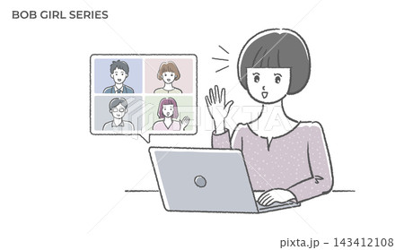 オンライン会議をするボブヘアの女性のイラスト素材 オンライン会議をするボブヘアの女性のイラスト素材 143412108