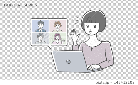 オンライン会議をするボブヘアの女性のイラスト素材 オンライン会議をするボブヘアの女性のイラスト素材 143412108