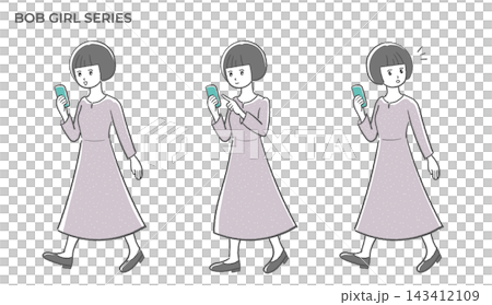 歩きながらスマホを操作する女性のシンプルな線画イラストセット 歩きながらスマホを操作する女性のシンプルな線画イラストセット 143412109