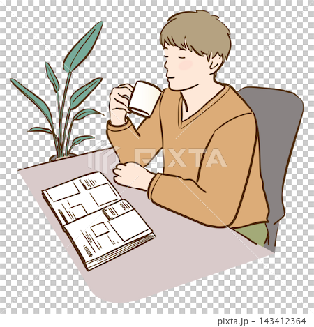 一幅描繪男子放鬆地喝飲料的插圖。 一幅描繪男子放鬆地喝飲料的插圖。 143412364