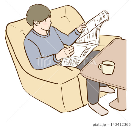 ソファーに座って新聞を読む男性のイラスト 143412366