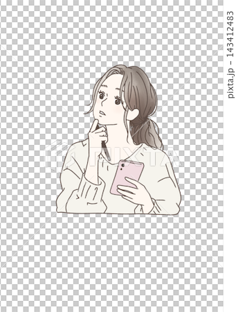 認為的婦女,當觀看智能手機時 認為的婦女,當觀看智能手機時 143412483