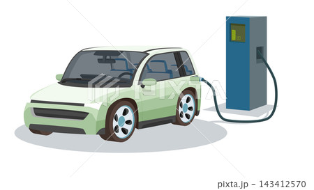 Modern light green electric car parked and charging. Parked for charging at an EV charging station within an indoor area or a clean well presented studio. Modern light green electric car parked and charging. Parked for charging at an EV charging station within an indoor area or a clean well presented studio. 143412570