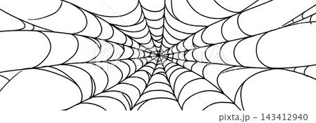 Hand drawn spider web background. Black linear cobweb sketch wallpaper. Old spooky tangled net drawing. Halloween doodle element for banner, poster, decoration. Vector cute spiderweb illustration 143412940