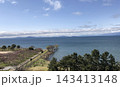 湖畔の公園と山並みを望む広大な水辺の風景 143413148