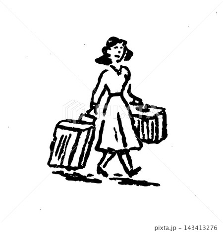 Hand Drawn Lady with Suitcases Vector Drawing Hand Drawn Lady with Suitcases Vector Drawing 143413276