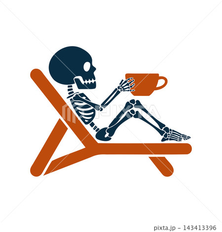 Relaxing skeleton sitting on beach chair drinking Relaxing skeleton sitting on beach chair drinking 143413396