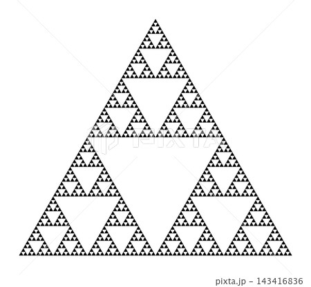 Sierpinski triangle, 6th iteration of a self-similar geometric fractal. Starting with a triangle, subdivided into 4 smaller ones, removing the central one, repeated with each smaller triangle. Vector 143416836