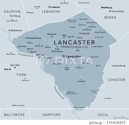Lancaster County, Pennsylvania, United States, gray political map with county seat Lancaster. Nicknamed Garden Spot of America, or Pennsylvania Dutch County. Home to the oldest Amish community. Vector Lancaster County, Pennsylvania, United States, gray political map with county seat Lancaster. Nicknamed Garden Spot of America, or Pennsylvania Dutch County. Home to the oldest Amish community. Vector 143416837