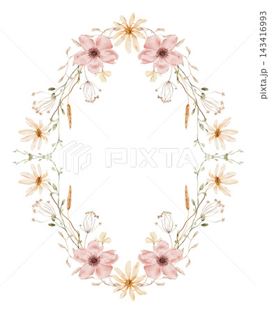 Hand painted watercolor oval floral frame wedding with pink anemone flowers, daisies, wheat spikelets and dried herbs on white background. Vertical botanical wreath border with copy space for text Hand painted watercolor oval floral frame wedding with pink anemone flowers, daisies, wheat spikelets and dried herbs on white background. Vertical botanical wreath border with copy space for text 143416993