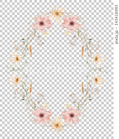 Hand painted watercolor oval floral frame wedding with pink anemone flowers, daisies, wheat spikelets and dried herbs on white background. Vertical botanical wreath border with copy space for text Hand painted watercolor oval floral frame wedding with pink anemone flowers, daisies, wheat spikelets and dried herbs on white background. Vertical botanical wreath border with copy space for text 143416993