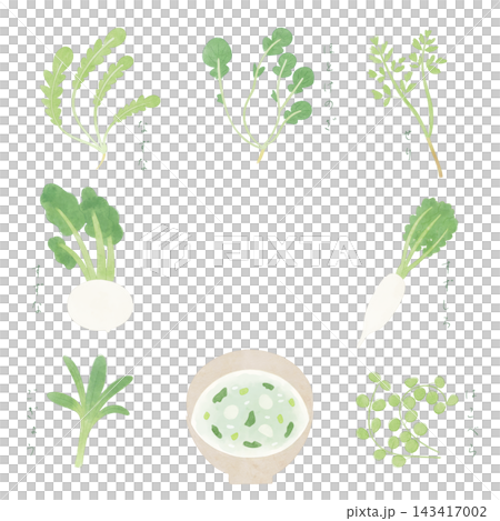 A watercolor-style frame featuring the seven spring herbs and seven-herb rice porridge. A watercolor-style frame featuring the seven spring herbs and seven-herb rice porridge. 143417002