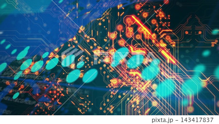 Pulsing circuitry network streaming across digital PCB view, orange traces glowing among teal bokeh 143417837
