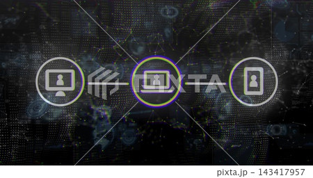 Pulsing central laptop node responding to incoming data pulse, linking desktop and smartphone nodes Pulsing central laptop node responding to incoming data pulse, linking desktop and smartphone nodes 143417957