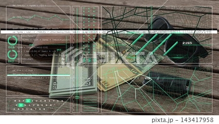 Presenting sunglasses, beige card and stacked $20s on slatted wooden table with wireframe HUD 143417958