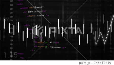 Displaying HTML code and data visuals on dark screen, showing white bars and rising line chart Displaying HTML code and data visuals on dark screen, showing white bars and rising line chart 143418219