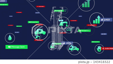 Displaying central wireframe on navy UI, visualizing metrics: car, droplet, CO2 tap, charts, badges 143418322