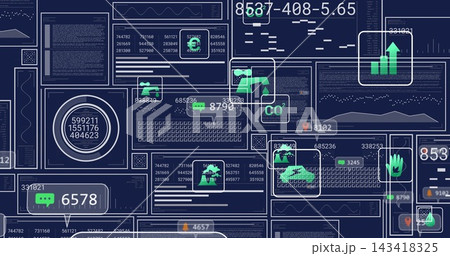 Displaying data dashboard centered on dark navy screen, showing panels, graphs, code, CO2 icons Displaying data dashboard centered on dark navy screen, showing panels, graphs, code, CO2 icons 143418325