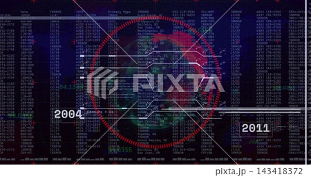 Alert arriving, red HUD target scanning globe, tracing waveform along 2004–2017 timeline Alert arriving, red HUD target scanning globe, tracing waveform along 2004–2017 timeline 143418372