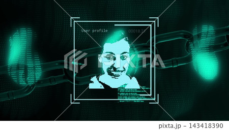 Showing pixel woman avatar in dark top in security UI, featuring fingerprint icons and chain links Showing pixel woman avatar in dark top in security UI, featuring fingerprint icons and chain links 143418390
