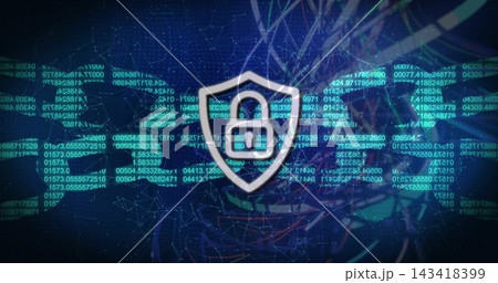 Glowing central shield with padlock reacting to detection in cyber canvas, showing SEC code 143418399