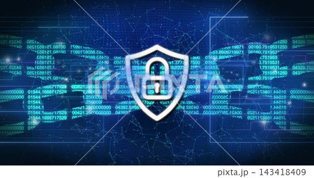 Displaying centered shield emblem glowing in digital cyberspace, with padlock icon and code streams Displaying centered shield emblem glowing in digital cyberspace, with padlock icon and code streams 143418409