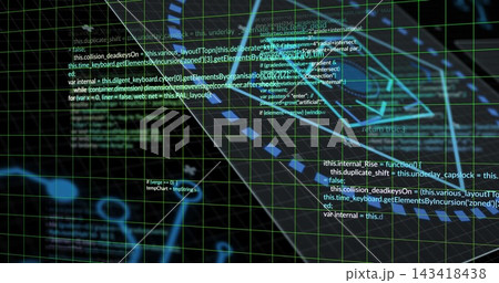 Displaying green wireframe grid and floating code blocks in cyberspace, tracing diagonal node trail Displaying green wireframe grid and floating code blocks in cyberspace, tracing diagonal node trail 143418438