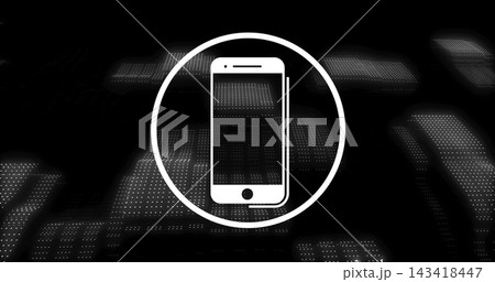 Showing white smartphone silhouette inside circular ring in digital backdrop, dotted grid with blur 143418447
