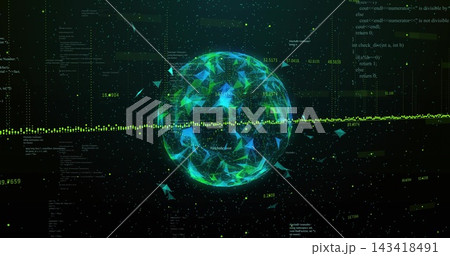 Rotating luminous data sphere reacting to bisecting waveform in data void, ejecting shards and code Rotating luminous data sphere reacting to bisecting waveform in data void, ejecting shards and code 143418491
