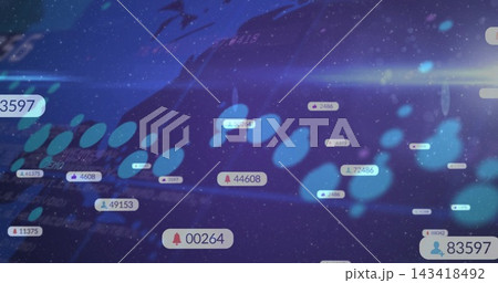 Floating notification badges showing numeric counts and icons across online dashboard with orbs Floating notification badges showing numeric counts and icons across online dashboard with orbs 143418492